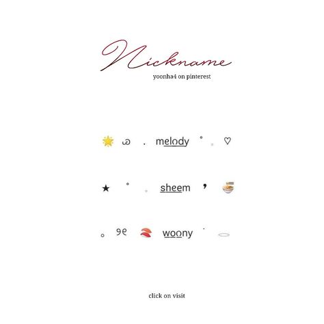 ୨୧ . ♡ ' (lvs.yoonha on ig) : #yoonha #yoonha4 #nicks #messy #estetica #nickname (click on visit) Soft Names, Nicknames Aesthetic, Nickname Ideas, Nick Names, Japan Core, N Names, Cool Text Symbols, Cute Bios, Name Symbols