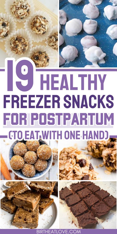 Easy no bake healthy snacks for postpartum! Here are some good healthy freezer snacks for eating during the 4th trimester. Stock your freezer with postpartum snacks that you can eat one-handed while you hold baby! #postpartum Quick Postpartum Snacks, Snacks For Home Birth, Healthy Snacks When Pregnant, Make Ahead Freezer Snacks, Easy Freezer Snacks, Dairy Free Postpartum Meals, Best Foods Postpartum, Freeze Ahead Snacks, Postpartum Nourishing Meals