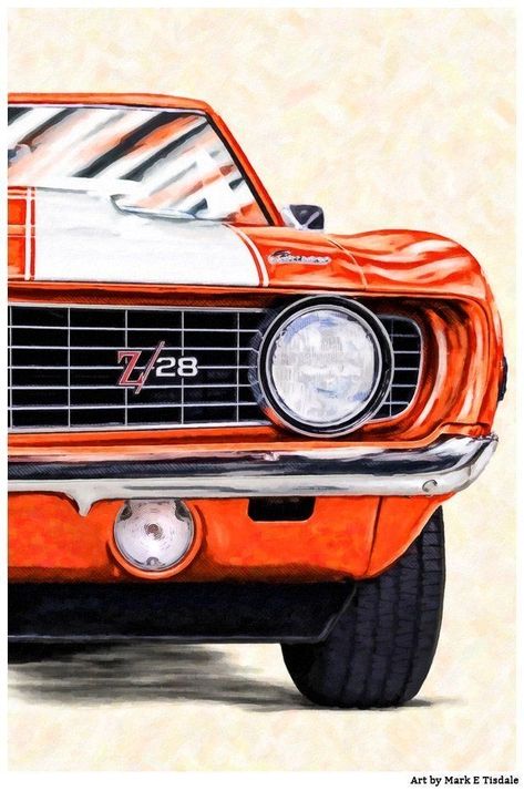 Classic Camaro, رسم كاريكاتير, 1969 Chevrolet Camaro, Orange Car, 1969 Camaro, Cool Car Drawings, Vintage Muscle Cars, Car Artwork, Mc Laren