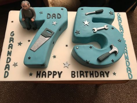 75th grandad birthday cake with fondant tools! Birthday Cake Ideas For Grandfathers, Mens 75th Birthday Cake, 75th Birthday Cake Man, 75th Birthday Cake For Grandfather, 70th Birthday Cake Ideas For A Man, 75th Birthday Cake For Men, Grandad Birthday Cakes, 75 Th Birthday Cake For Men, 75 Birthday Cake Men