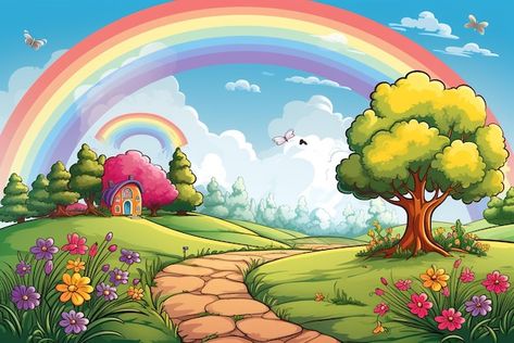 Rainbow with flowers in the yard in the ... | Premium Vector #Freepik #vector #cartoon-wallpaper #cartoon-scene #cartoon-background #cartoon-scenery Cartoon Flower Wallpaper, Rainbow With Flowers, Cartoon Scenery, Minimalist Backgrounds, Scene Cartoon, Cartoon Garden, Hd Landscape, About Rainbow, Rainbow Cartoon