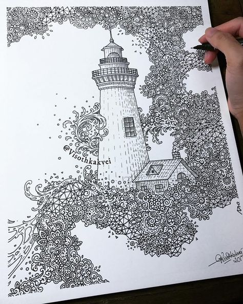 02-Lighthouse-Visoth-Kakvei-Detailed-Drawings-with-many-Styles-www-designstack-co Pen Art Doodle, Zantangle Art, Zentangle Kunst, Desen Realist, Zentangle Artwork, Mandala Art Therapy, Pen Art Drawings, Doodle Art Drawing, Mandala Art Lesson