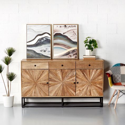 Wazo Furniture, Wood Sunburst, Sideboard Styles, Mango Wood Sideboard, Brown Leather Chairs, Black Leather Chair, Salon Ideas, Wood Sideboard, Contemporary Dining