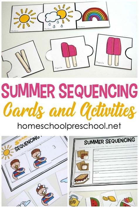 Download this set of fun summer sequencing cards that include puzzles, a sequencing mat, and story telling page for 3 step sequencing cards. #homeschoolprek #sequencingcards #3stepsequencingcards #summersequencingcards #preschool #freeprintables 3 Step Sequencing, Sequence Of Events Worksheets, Story Sequencing Worksheets, Sequencing Pictures, Sequencing Worksheets, Sequencing Cards, Free Preschool Printables, Story Sequencing, Sequencing Activities