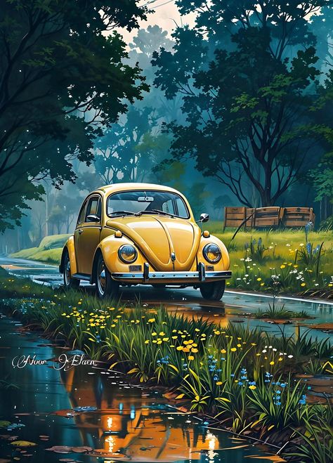 Driving In The Rain, Vw Art, Rain Painting, Original Iphone Wallpaper, Book Illustration Art, Landscape Illustration, Trippy Art, Vw Beetle, Snapchat Stories