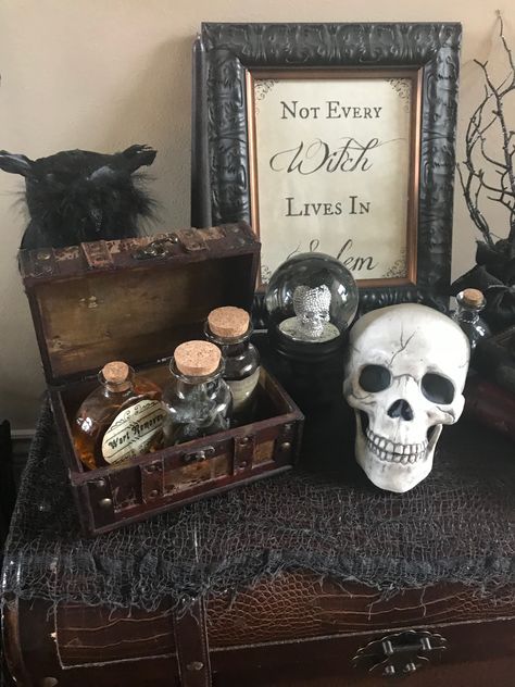 Spooky Apothecary Display, Vintage Halloween Centerpiece, Creepy Chic Halloween Decor, Witch Station, Dark Academia Halloween Decor, Witches Lair Halloween Decor, Witch Tablescape, Halloween Apothecary Display, Witchy Decor Witch Cottage