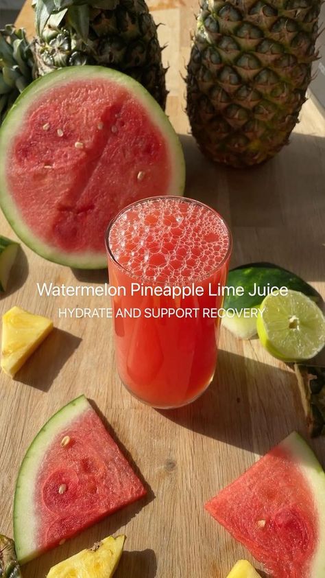 · 6 servings

This is a hydrating and refreshing watermelon and pineapple juice. Packed with electrolytes and helps with recovery and achy muscles.

🍍🍉Tropical Watermelon⬇️ This juice recipe is for you. ⬇️This one was so easy and DELICIOUS perfect for those warmer days ahead and watermelon season. Use code JEANETTE10 for $55 off J2 Juicer.

Refreshing, hydrating and packed with antioxidants. 

🍉1 mini watermelon or 1/2 of a watermelon 
 • 🍍1 Pineapple 

💚2 limes 

Makes about 80oz! Cut recipe in half for smaller serving 
 • 🍍Pineapple:

Contains bromelain, a group of enzymes linked to health benefits, such as reduced inflammation, improved digestion, and stronger immunity. Reduce inflammation. 

🍉Watermelon:

Packed with antioxidants and super hydrating. Helps with sore musles and Digestion Smoothie, Watermelon Season, Watermelon And Pineapple, Cut Recipe In Half, Mini Watermelon, Cut Recipe, Juice Recipe, Improve Digestion, Pineapple Juice