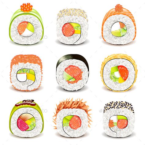 Sushi Roll Icons Set Cheese Clipart, Fish Icon, Sketchbook Project, Sushi Roll, Graphics Fairy, Sushi Rolls, Food Drawing, Icon Set Vector, Food Illustrations