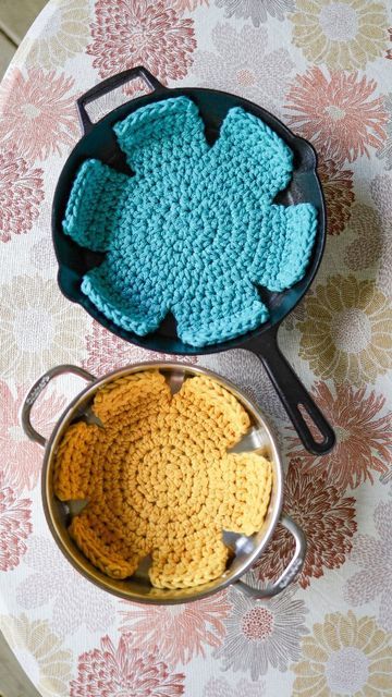 Crochet Pot Dividers, Crochet Bowl Protector, Crochet Home Essentials, Crochet Pot And Pan Protectors, Crochet Pot Protectors Free Pattern, Crochet Pan Separator, Crochet Pot Separators, Crochet Kitchen Decor, Pan Protectors Pattern Free Printable