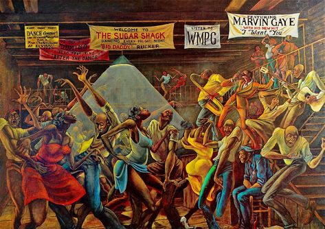 Ernie Barnes created the painting The Sugar Shack in the 1970s. It gained international exposure when it was used on the Good Times television series and on the 1976 Marvin Gaye album I Want You. Good Times Painting, Ernie Barnes, Black Jesus, Sugar Shack, Jazz Art, African Art Paintings, Afrocentric Art, Black Art Painting, Black Artwork