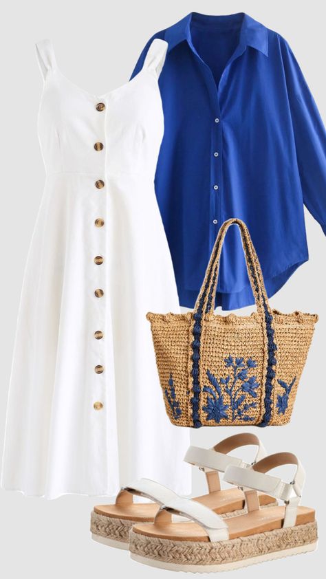 #blueaesthetic #summer #dress #sundress #white #modestfashion #outfitinspo #modest #outfit #mediterranean #fashion #style #blue #aesthetic #coastal #beachoutfit Mediterranean Fashion, Sundress White, Mom Clothes, Aesthetic Coastal, Modest Casual Outfits, Modesty Outfits, Modest Outfit, Cute Modest Outfits, Effortlessly Chic Outfits