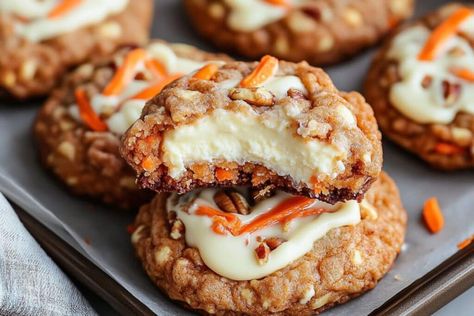 Irresistible Carrot Cake Cheesecake Cookie Cheesecake Cookies Recipes, Cheesecake Cookie, Cookies Stuffed, Amazing Food Hacks, Carrot Cake Cheesecake, Carrot Cake Cookies, Creamy Pudding, Comfort Desserts, Cake Cheesecake