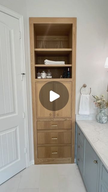 Monarch Style Co. on Instagram: "💛 YES please! We opted for a beautiful oak storage cabinet in this primary bath remodel! Nix the standard linen closet for this beauty meets function anytime! 

#dfwinteriordesign #homestyle #builtins #linencloset #beforeandafter #beforeandafterhomeedition #interiordesign #thisorthat #beautymeetsfunction" Floating Linen Cabinet In Bathroom, Bathroom Built In Linen Cabinet, Bathroom Built In Cabinet Wall Storage, Bathroom Storage Closet, Closet In Bathroom, Oak Storage Cabinet, Bathroom Linen Closet, Linen Closets, Bathroom Tall Cabinet