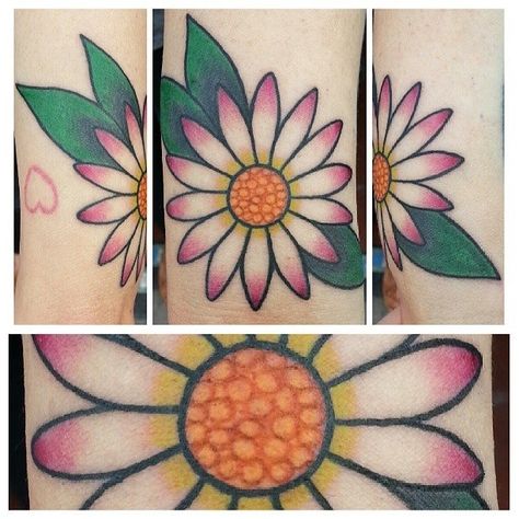 Elbow ideas Daisy Tattoo Trad, Traditional Daisy Tattoo Flowers, Daisy Flash Tattoo, Daisy Tattoo Neo Traditional, Traditional Daisy Tattoo, Coloured Daisy Tattoo, Colourful Daisy Tattoo, Sunflower Tattoo Simple, Daisy Flower Tattoos