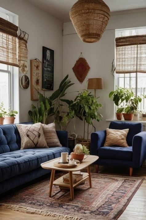 Indigo Couch Living Room, Boho Living Room Navy Couch, Blue Apartment Aesthetic Living Room, Vintage Blue Couch Living Room, Boho Living Room Blue Couch, Blue Boho Living Room, Blue Sofa Decor, Blue Couch Living, Blue And Green Living Room