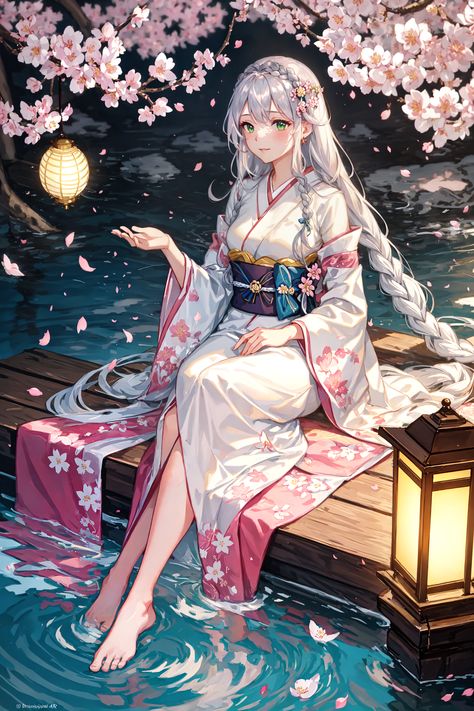 "Embrace elegance with our digital painting of a serene moment under the sakura blossoms. Let this ethereal depiction of a traditional kimono-clad woman, amidst falling petals & a soft glow, inspire beauty and tranquility. Perfect for adding a touch of timeless grace to your home." Cherry Blossom Outfit, Anime Cherry Blossom, Enchanted Characters, Falling Petals, Fall Anime, Sakura Blossoms, Cherry Blossom Girl, Princess Games, Anime Kimono