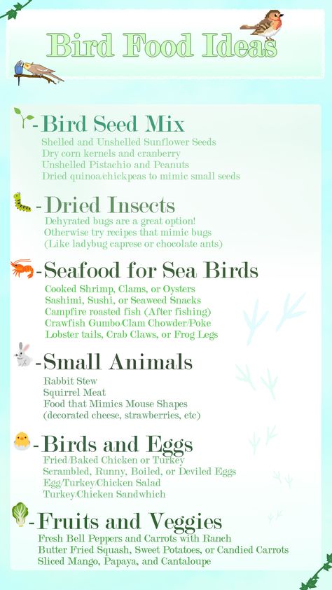 Therian Human Safe Bird Variety Food Ideas for Kintypes to connect with. Bird Therian Tips, Bird Therian, Bird Bones, Variety Food, Rabbit Stew, Roast Fish, Therian Stuff, Seaweed Snacks, Animal Food