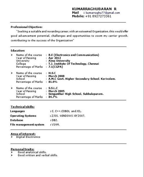 Resume Format For Job Freshers | Free Samples , Examples & Format Resume / Curruculum Vitae Simple Resume Format, Resume Format Download, Job Resume Format, Teacher Resume Examples, Sample Resume Format, Teaching Resume, Resume Pdf, Resume Objective Examples, Resume Format For Freshers