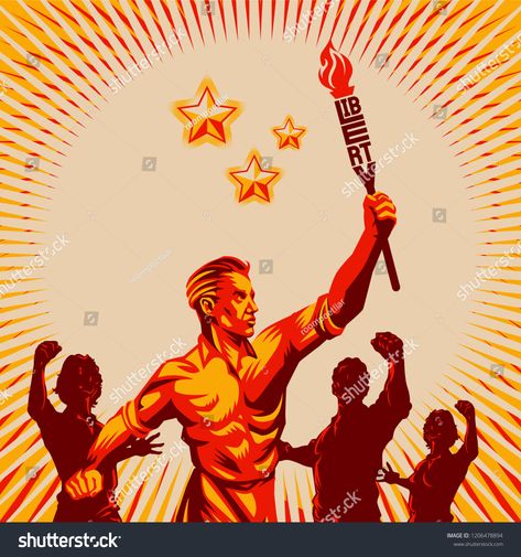 Men raising fist holding liberty torch vector illustration. Propaganda style. Retro revolution poster design.liberty#torch#vector#holding Rec Games, Liberty Torch, Pubmat Ideas, Revolution Poster, School Magazine, Arm Drawing, Crowd Of People, Vertical Business Cards, Arm Band Tattoo