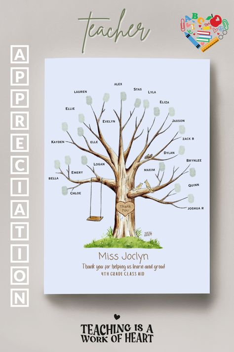 Looking for a  Last Minute gift but creative and personalized way to show appreciation to your teacher? Each student can add their own fingerprint and name as a leaf on the tree, creating a beautiful and lasting keepsake that your teacher will cherish forever. Perfect for End of the Year Gift, for your favorite educator, this printable and editable gift is easy to customize and can be framed for display. #Appreciation Fingerprint Gifts For Teachers, Teacher Tree, Art Teacher Appreciation, Teacher Gifts From Class, Fingerprint Art, Fingerprint Tree, Birthday Goodie Bags, Class Teacher, Custom Favor