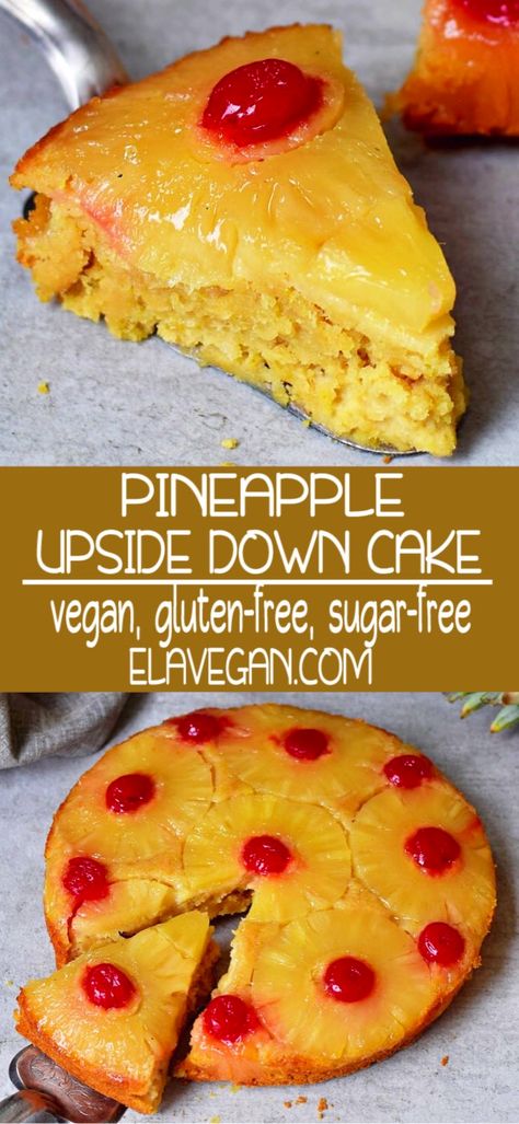 Vegan pineapple upside down cake from scratch! Not only is this easy recipe vegan (dairy-free, egg-free), but it's also gluten-free, refined sugar-free, and healthier than most classic pineapple upside down cakes. #pineappleupsidedowncake #veganupsidedowncake #vegancake #elasrecipes | elavegan.com Vegan Pineapple Upside Down Cake, Pineapple Upside Down Cake From Scratch, Pineapple Upside Down Cakes, Cake Easy Recipe, Sugar Free Cake Recipes, Upside Down Cakes, Recipe Cheesecake, Cake From Scratch, Sugar Free Baking