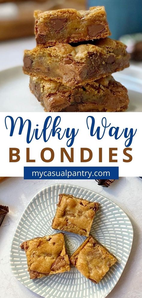 Milky Way Blondies are classic cookie bars amped up with leftover Halloween candy. These chewy bars require just a handful of staple ingredients and couldn't be easier to make. Milky Way Bars, Milky Way Cookies, Dessert Bars Recipes Easy, Halloween Candy Recipes, Chewy Bars, Candy Bar Recipe, Candy Bar Cookies, Leftover Candy, Leftover Halloween Candy