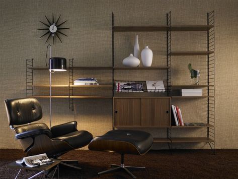 Buy the String Shelf System - Walnut & Black with our Price Promise Urbansuite Wall Ladder, String Regal, String Shelf, String Furniture, String System, Walnut Shelves, Walnut Cabinets, Modular Shelving, Shelving Systems