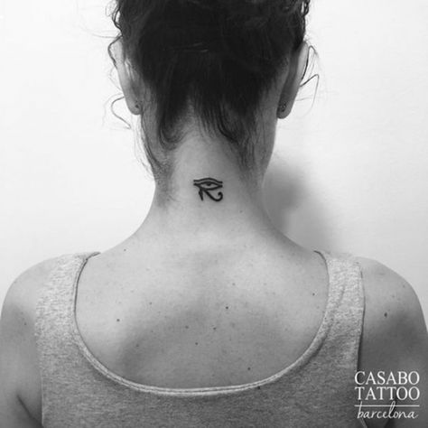 Eye Of Horus Tattoo Back Of Neck, Eye Of Horus Neck Tattoo, Eye Tattoo Back, Tattoo Back Of Neck, Eye Of Ra Tattoo, Inner Elbow Tattoos, Egyptian Eye Tattoos, Tattoo Sonne, Tattoo On The Back