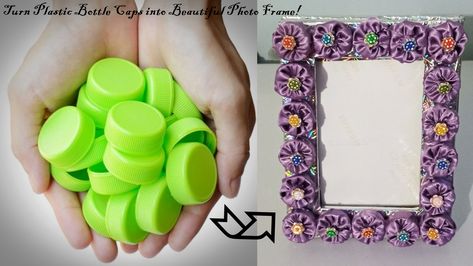 Use waste plastic bottle caps to decorate your simple looking photo frame into a beautiful one! New, elegant & such a unique design! Check out the making...! #photoframe | #diy | #plasticbottlecaps | #plasticbottle | #bestuseofwaste | #howtomakeaphotoframe | #ideas | #handmade | #besthandmade | #gift | #idea | #frame | #easytomake Recycled Photo Frames Diy Crafts, Best Out Of Waste Photo Frame Ideas, Photo Frame Diy, Frames Diy Crafts, Plastic Bottle Caps, Picture Frame Crafts, Diy Plastic Bottle, Diy Photo Frames, Frame Diy