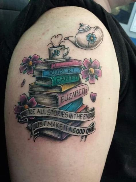 Want a Name Tattoo? 80 of the Best Designs for Men and Women Tea Tattoos, Tattoo Doctor, Teapot Tattoo, Reading Tattoo, Books Tattoo, Tea Tattoo, Kid Name Tattoo, Bookish Tattoos, Names Tattoos For Men