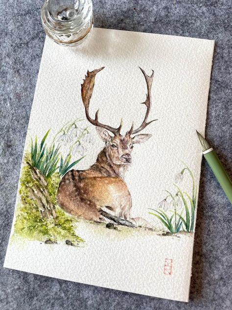 Deer Art Watercolor, Watercolour Deer Painting, Drawing Of A Deer, Deer Watercolor Painting, Wildlife Watercolor, Watercolor Negative Painting, Deer Watercolor, Deer Artwork, Watercolor Paintings Of Animals