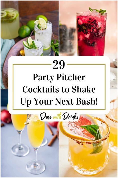 Collage of 4 party pitcher cocktails. Brunch Pitcher Cocktails, Pitcher Cocktails New Years, Big Pitcher Drinks Cocktail Recipes, Cocktail For A Crowd Pitcher Drinks, Cocktail Pitcher Recipe Party Drinks, New Years Eve Pitcher Cocktails, Party Pitcher Drinks, Winter Pitcher Cocktails, Mocktails For A Crowd Pitcher Drinks