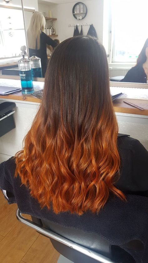 Cooper Red Balayage, Cooper Ombre Hair, Ombre Hair Ginger, Brunette To Ginger, Cooper Balayage Hair, Cooper Balayage Brunettes, Balayage For Brunettes, Ginger Balayage, Orange Ombre Hair