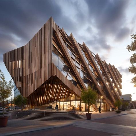 Timber Building Concept Building Designs, Timber Facade, Timber Construction Architecture, Timber Pavilion, Steel Structure Architecture, Triangular Building Architecture, Timber Canopy Architecture, Timber Tower Architecture, Mass Timber Facade