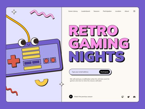 👾 Retro Gaming Nights - Concept 👾 by Margaryta Barsukova Game Night Illustration, Retro Ui Design, Retro Website Design, Retro Games Poster, Ux Inspiration, Night Illustration, Game Sites, Video Game Design, Game Ui Design