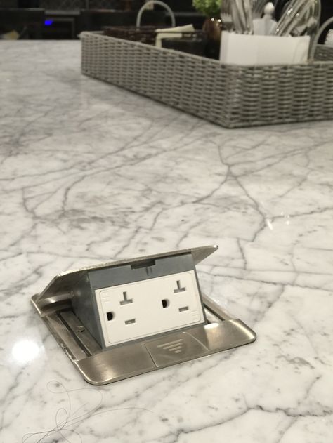 Pop up island electric outlets perfect for plug in griddle, buffet warmer, decorations Kitchen Island Sockets, Counter Outlets, Outlet Ideas, Kitchen Outlets, Electric Outlets, Condo Kitchen Remodel, Home Engineering, Condo Kitchen, Light Switches