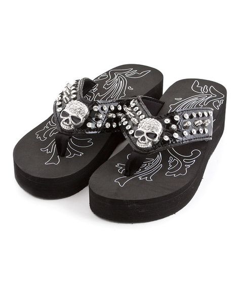 Look at this Black Crystal Skull Flip-Flop on #zulily today! Skull Sandals, Skull Flip Flops, Skull Purse, Skull Accessories, Skull Shoes, Horoscope Capricorn, Skull Dress, Estilo Rock, Skull Lover