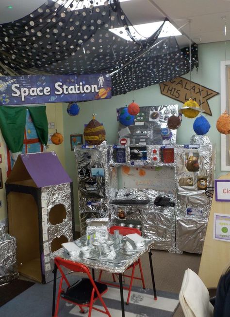 Space Corner Preschool, Nasa Dramatic Play, Space Station Role Play, Space Role Play Area Eyfs, Space Station Dramatic Play, Role Play Areas Eyfs, Childcare Environments, Space Theme Classroom, Space Preschool