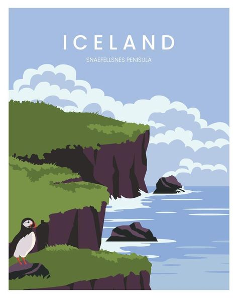 Snaefellsnes Peninsula Nature of Iceland vector illustration landscape background. vector illustration with minimalist style for poster, postcard. Icelandic Language, Scandinavian Illustration, Illustration Landscape, Snaefellsnes Peninsula, Posca Art, Landscape Background, Graphic Design Lessons, Travel Illustration, Iceland Travel