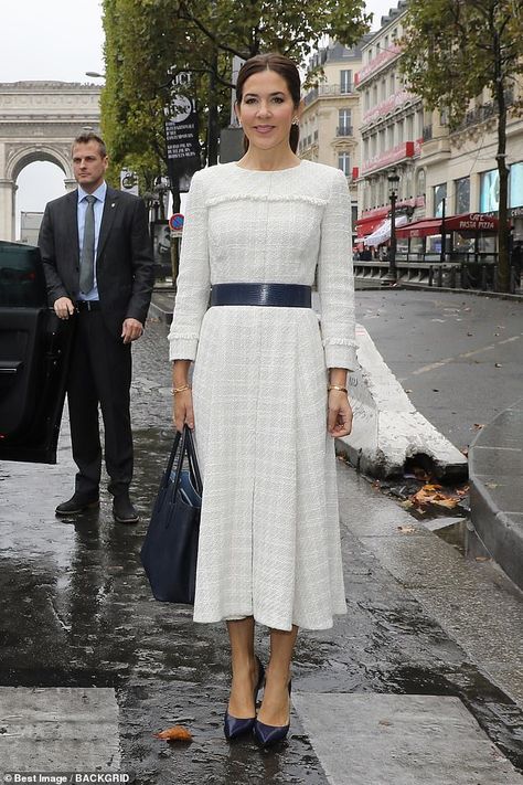 The Danish royal, 47, wore a long white Chanel-style dress, with frill detail on the chest... Mary Jane Shoes Outfit, Denmark Fashion, Crown Princess Mary Of Denmark, Mary Dress, French City, Princess Mary Of Denmark, Mary Of Denmark, Princess Marie Of Denmark, Mum Fashion