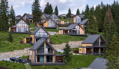 Mountain Resort Design, Cottage Town, Resort Design Plan, Mountain Villa, Resort Architecture, Prefab Cabins, Modern Barn House, Resort Design, Desain Lanskap