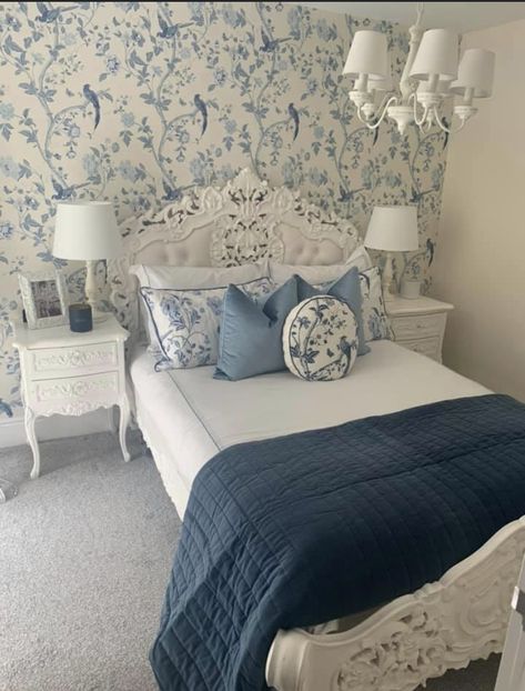 Shabby Chic Blue Bedroom, Blue Floral Bedroom Aesthetic, Blue And White Vintage Bedroom, Blue And White Floral Bedroom, Blue French Country Bedroom, Blue Coquette Bedroom, Blue Shabby Chic Bedroom, Bridgerton Inspired Bedroom, Blue Coquette Room