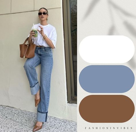 Summer Outfits Color, Brown Tshirt Outfit, Blue Bag Outfit, Light Blue Jeans Outfit, Outfits Back To School, Jeans Heels Outfit, Minimalist Outfits, Blue Color Combinations, Money Outfit