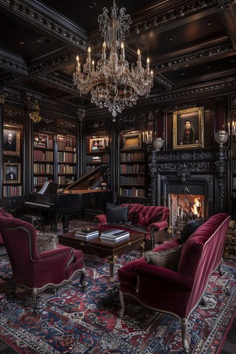 29 Dark Academia Decor Ideas to Enrich Your Home with Scholarly Charm 7 Dark Academia Piano Room, Gothic Music Room, Dark Victorian Aesthetic Living Room, Gothic Rich Aesthetic, Dark Manor Interior, Black Piano Decor, Dark Academia Home Aesthetic, Dark Cozy Home, Cozy Dark Academia