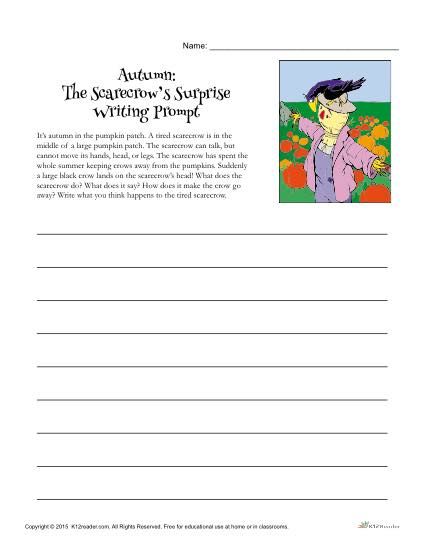 Here you will find a creative, educational writing prompt about a scarecrow. Students will be asked to use their imagination and write a short story about a surprised scarecrow to practice their creative writing skills. This activity is ideal for elementary grade students, but can be used where appropriate. Scarecrow Writing Prompt, Short Story Prompts Creative Writing Ideas, 5th Grade Reading Worksheets, Scarecrow Writing, Prompt Pictures, Autumn Writing, Short Story Prompts, Holiday Classroom Activities, Elementary Writing Prompts