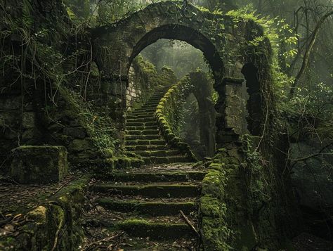 Dark Ruins Aesthetic, Forest Temple Art, Overgrown Castle Aesthetic, Creepy Garden Aesthetic, Ruins In The Forest, House Of Roots And Ruin, Ancient Forest Aesthetic, Overgrown Palace, Mossy Castle