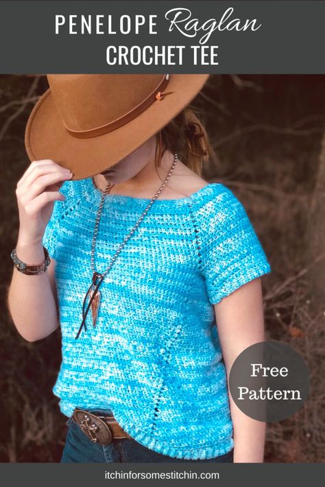 Crochet Raglan Top Free Pattern - Itchin' for some Stitchin' Crochet Raglan Top, Cute Crochet Tops, Raglan Crochet, Crochet Blouse Free Pattern, Crochet Tee, Crochet Jumper, Crochet Sweater Pattern Free, Spring Pattern, Crochet Ladies Tops