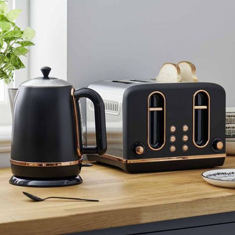 2,670 Likes, 184 Comments - wilko (@lovewilko) on Instagram: “This matt black and copper kitchenware is almost too beaut to use 😍 Tag a friend who'd love this ❤️…” Black And Copper Kitchen, Kitchen Kettle, Copper Kitchen Accessories, Rose Gold Kitchen, Copper Kitchen Decor, Gold Kitchen, Grey Kitchen Cabinets, Copper Kitchen, Cool Kitchen Gadgets