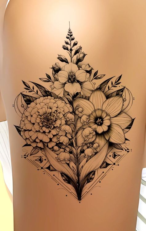 Marigold, jonquil, Larkspur & Lily of the Valley Birth Flower Tattoo - Birth Flower Tattoo,  on ArtStation at https://www.artstation.com/artwork/elKby6 Larkspur And Daisy Flower Tattoo, Jonquil Tattoo, Jonquil Flower Tattoo, Layla Tattoo, Marigold Tattoos, Colors And Meanings, Thigh Piece Tattoos, Marigold Tattoo, Daisy Flower Tattoos