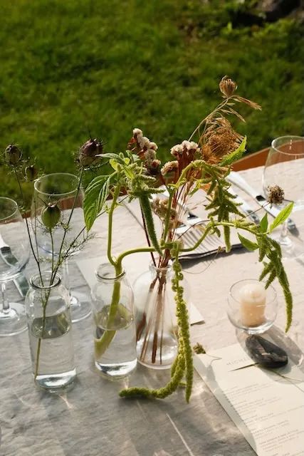 Bud Vases Fresh and Dried Flowers Modern Bud Vases, Focal Flowers, Shelburne Vermont, Bud Vases Wedding, Lake Champlain, August Wedding, Wedding Vases, Long Table, Wedding Tablescapes